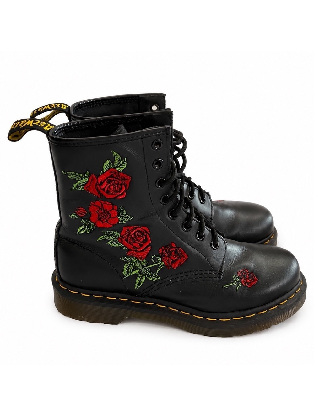Dr. Martens Black Leather Combat Boots with Red Rose Embroidery